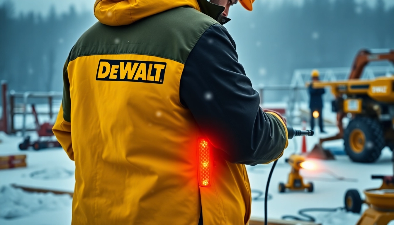 Wear a DeWalt heated jacket to stay warm while working outdoors in winter conditions.