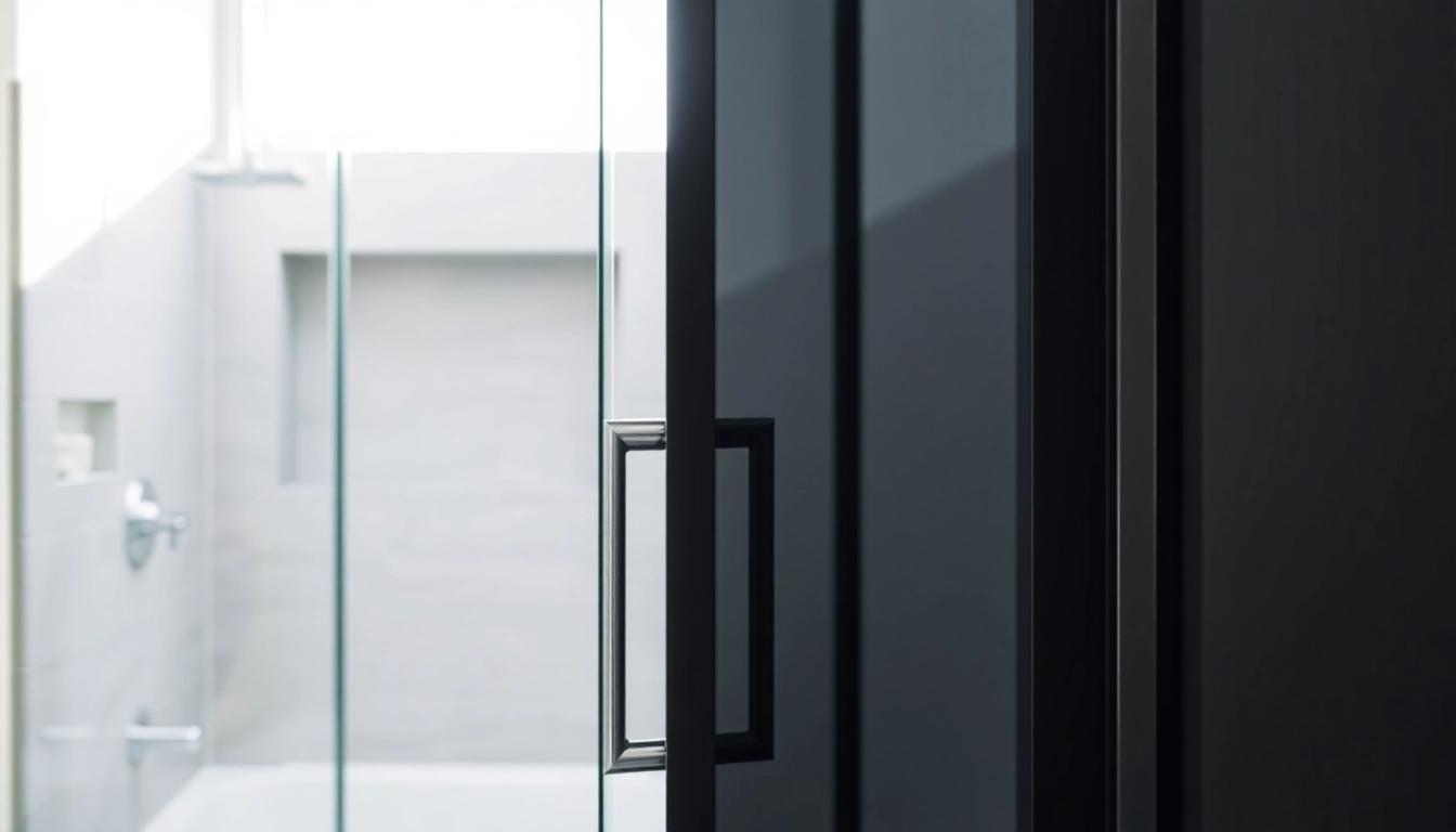Black shower door in a stylish bathroom, highlighting sleek design and modern elegance.