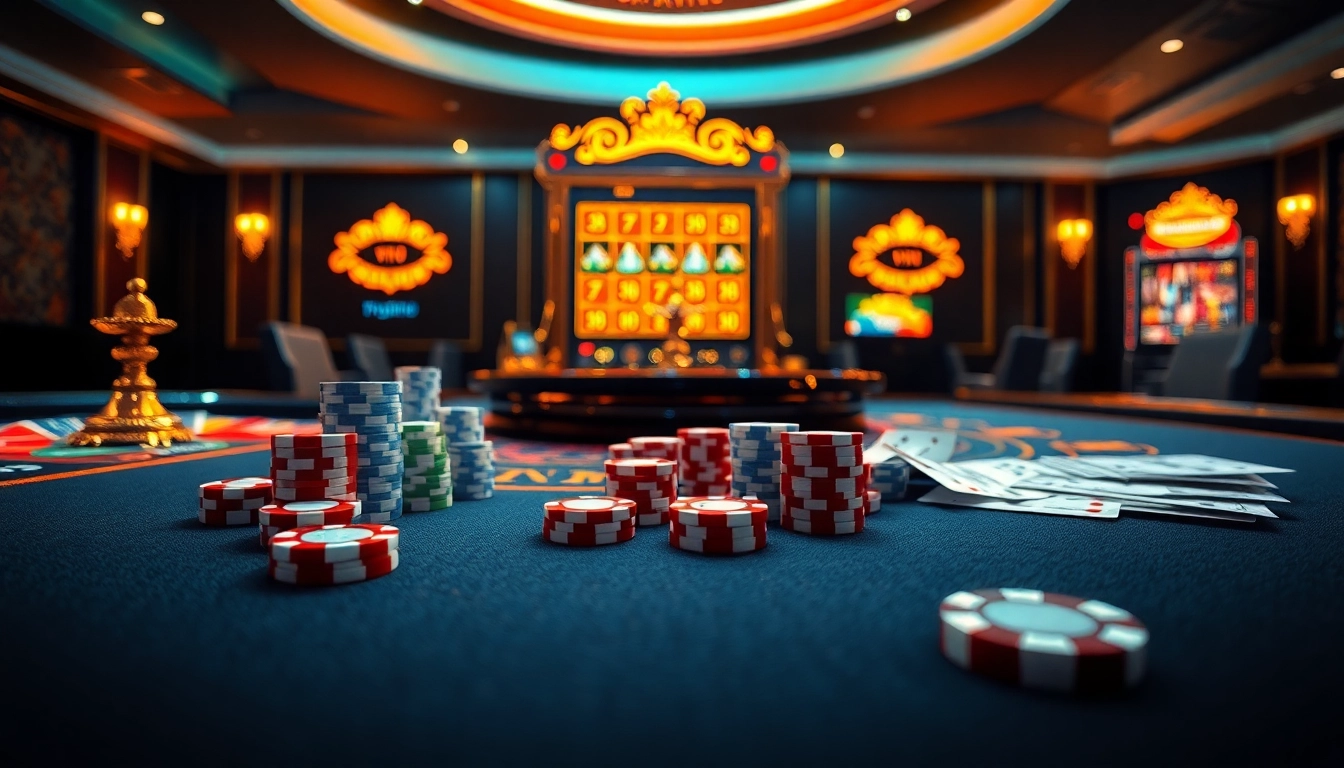 Experience the thrill of winning at https://zk88.club/ with a luxurious online casino setting showcasing vibrant gaming elements.