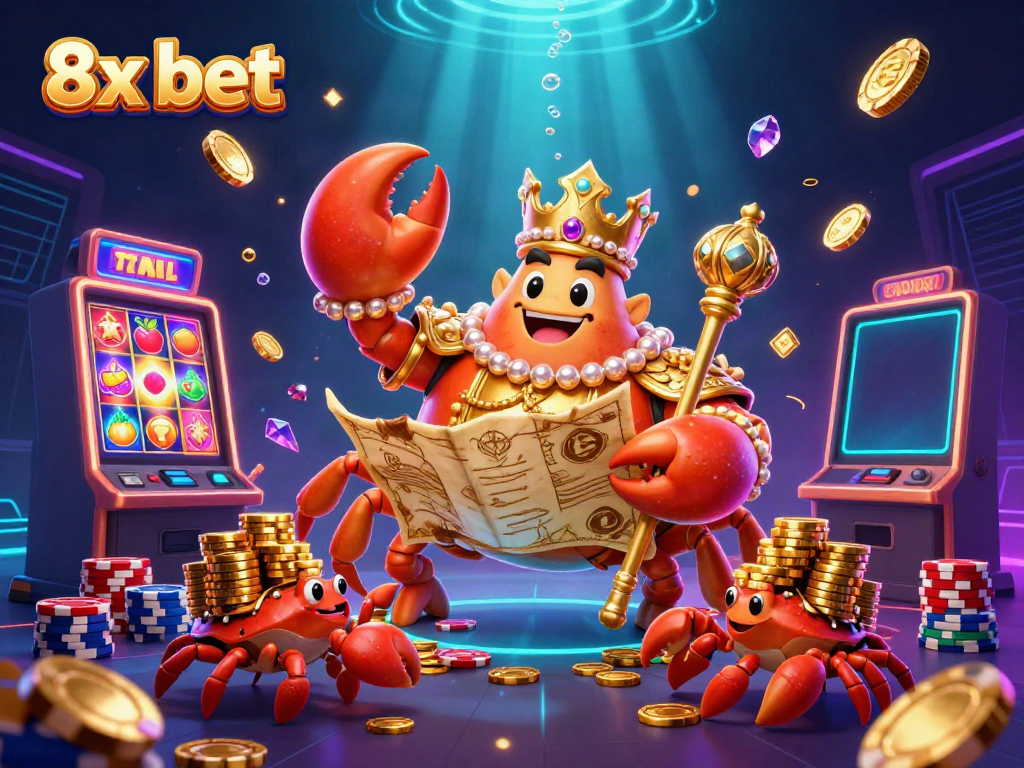 Engage with the vibrant 8x bet themed 3D casino scene full of treasure and excitement.