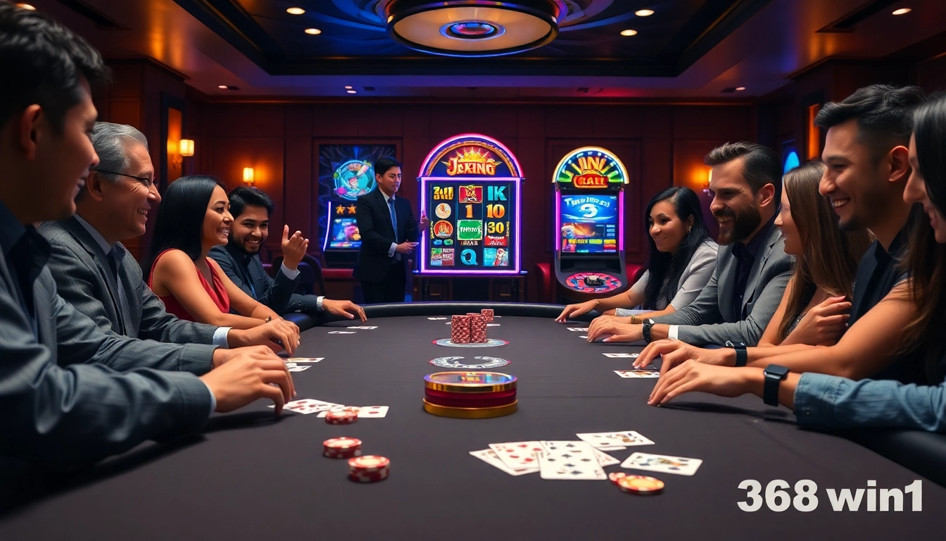 Players winning at a poker table in a luxurious casino setting, highlighting excitement with 58win1.