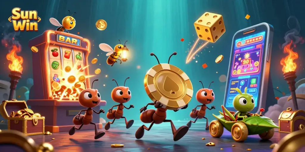 Catch the action at Sun Win with ants stealing a giant poker chip amid a jackpot explosion.