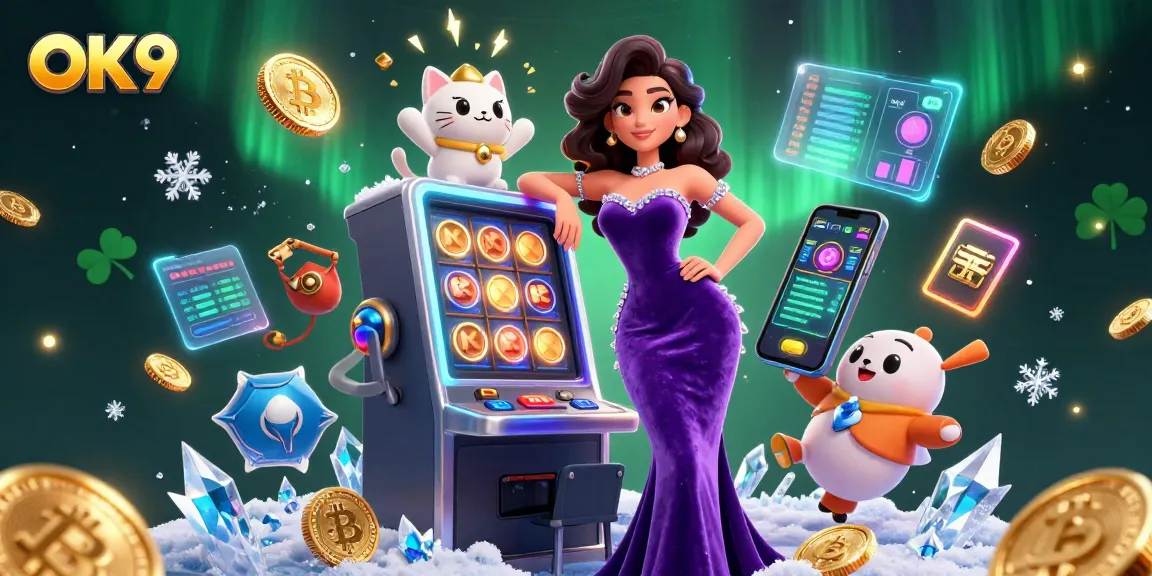 Play slots and win jackpots at OK9 with a stunning lady beside a lucky fortune cat.