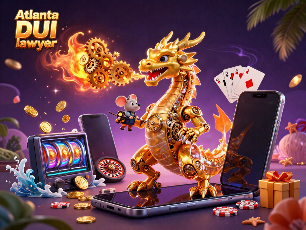 Engaging Atlanta DUI lawyer scene with a golden dragon and a mouse engineer among casino elements.