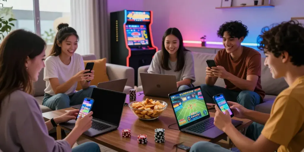 Enthusiastic gaming session with friends enjoying LU88 casino games and sports betting in a cozy living room.