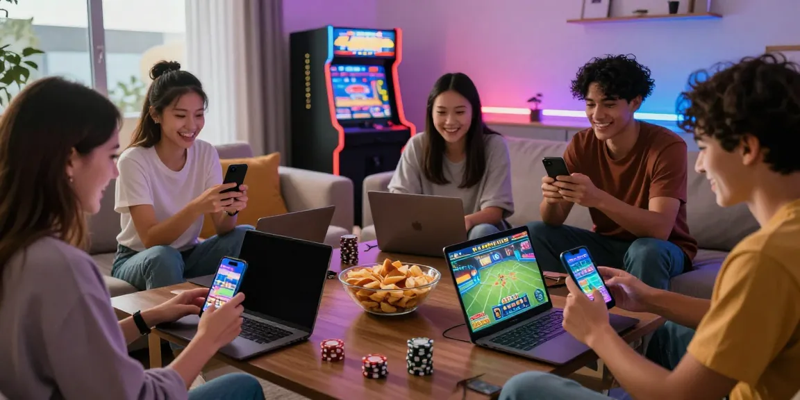 Enthusiastic gaming session with friends enjoying LU88 casino games and sports betting in a cozy living room.
