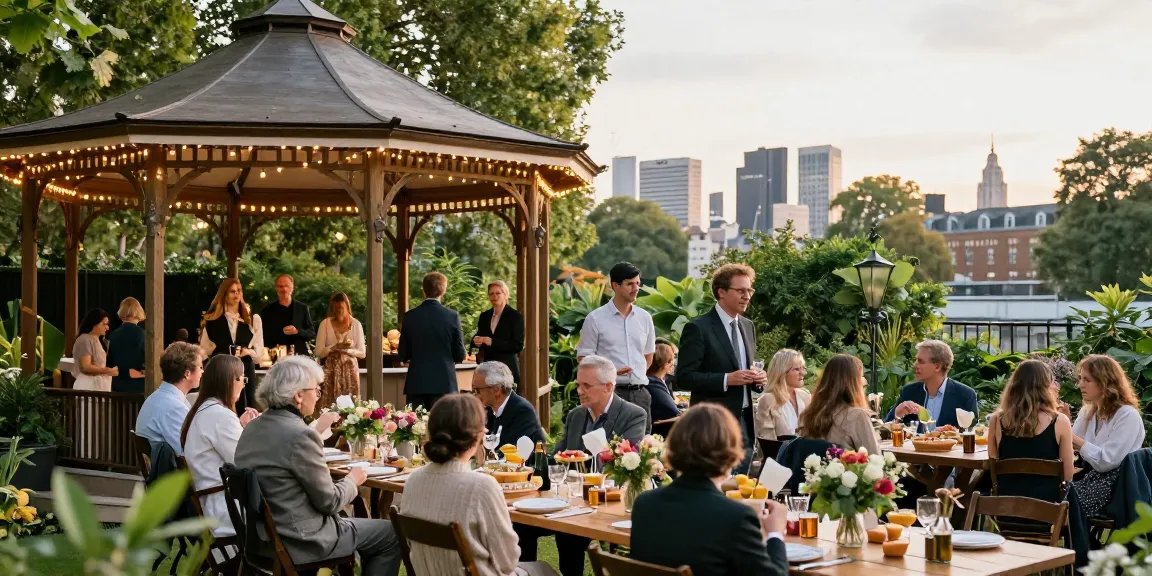 Gazebo hire London showcasing a beautifully arranged outdoor event with guests under fairy lights.