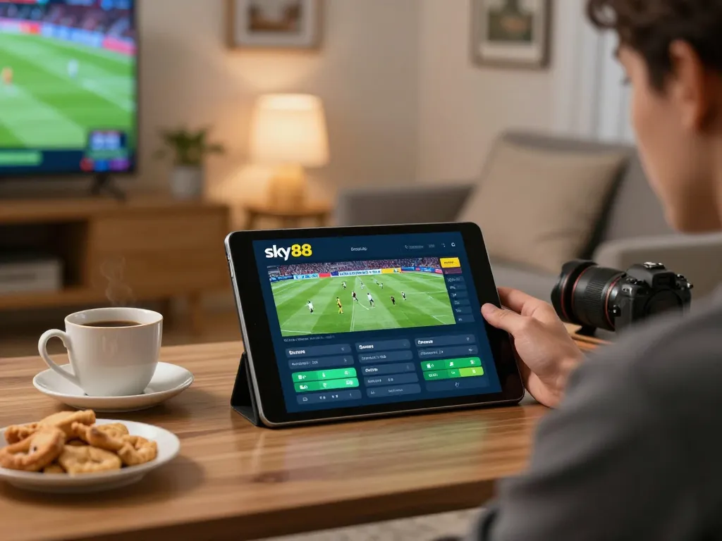 Person engaged in online betting on Sky88 while relaxing at home with snacks and cozy ambiance.