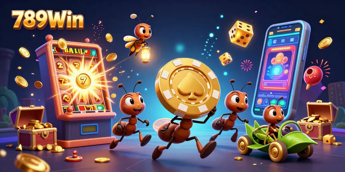 Experience the thrilling journey of 789Win with cartoon ants, poker chips, and jackpot explosions.