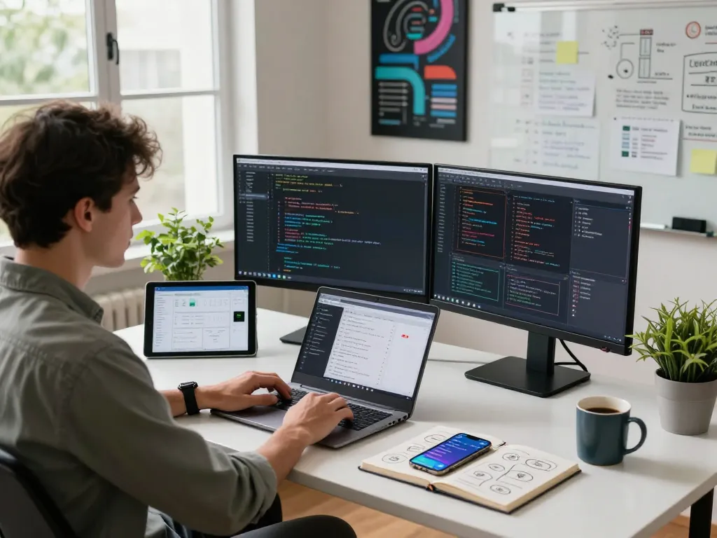 Developer working with Moltbot and clawdbot integrations in a modern home office with coding screens.