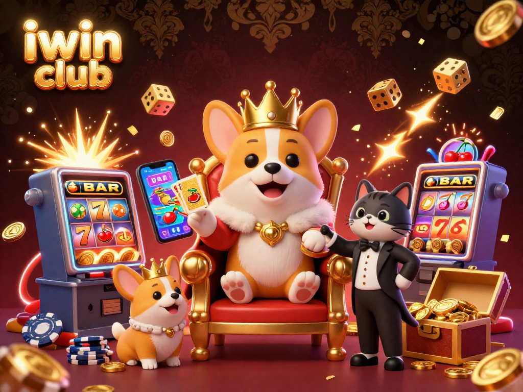 Engage with the iwin club experience featuring a royal corgi on a gaming throne surrounded by dynamic casino elements.