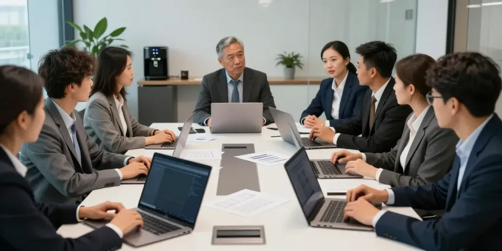 Team discussing "why not check here" strategies during a corporate meeting.