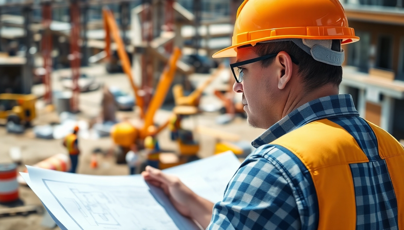 New Jersey Construction Manager supervising a construction site with architectural plans and machinery.