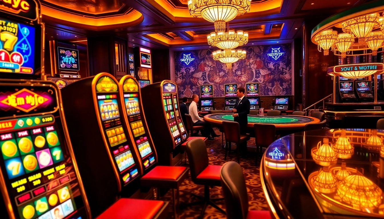 Exciting nổ hũ gameplay at luxurious casino with colorful slot machines and vibrant atmosphere.