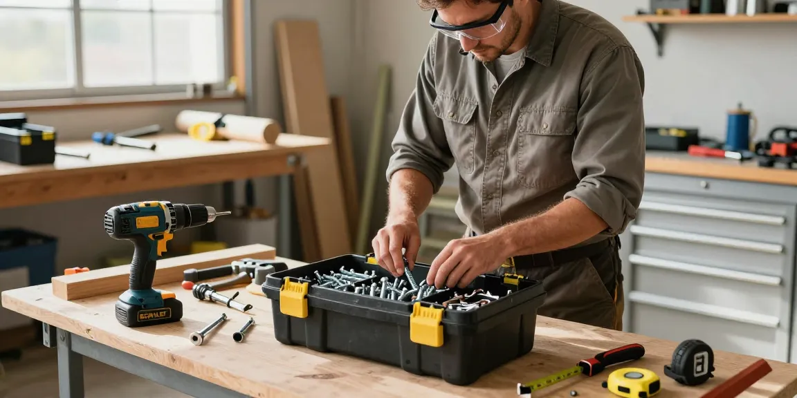 A professional contractor organizing tools in a stanley rolling tool box in a well-lit workshop.