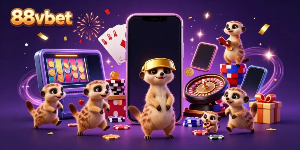 Experience the thrilling casino world of 88vbet with meerkats engaging in vibrant gaming activities.