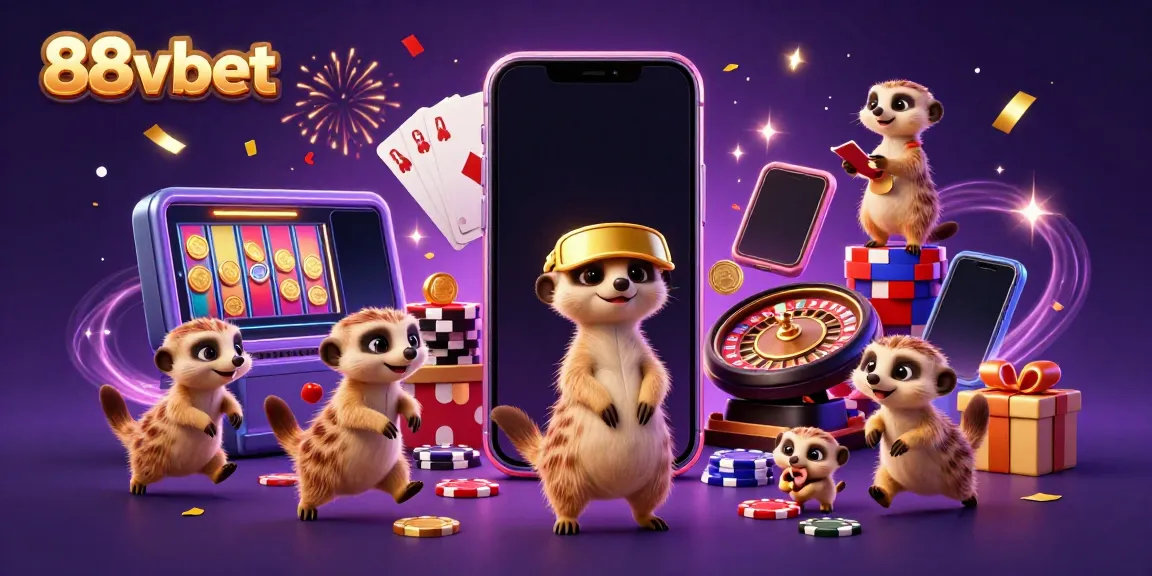 Experience the thrilling casino world of 88vbet with meerkats engaging in vibrant gaming activities.