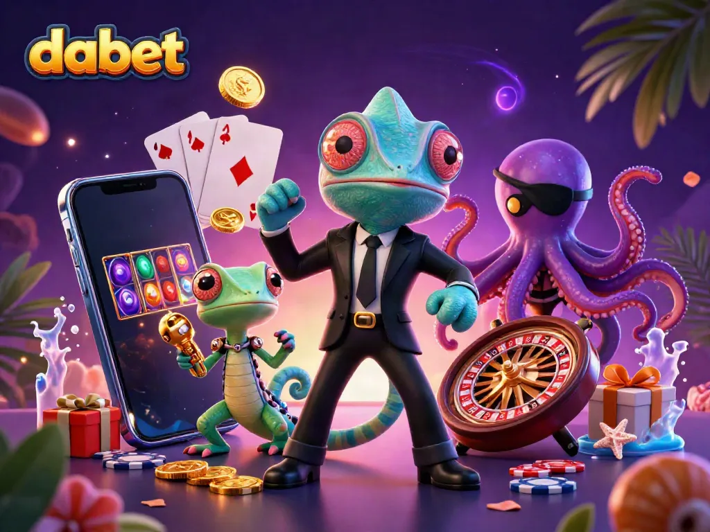 Dabet's exciting world of gambling depicted with a vibrant chameleon, tech-gecko, and octopus, showcasing online gaming elements.