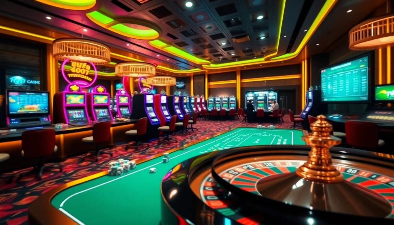 Players engaging with immersive online gaming at https://789p7.io/, featuring vibrant slots and strategic betting tables.