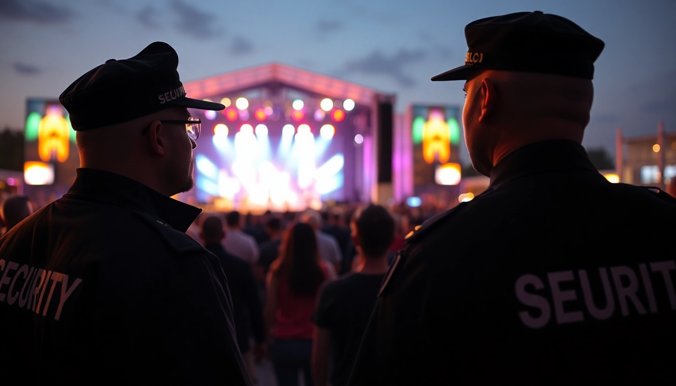 Event Security professionals ensuring safety at a lively outdoor concert ambiance.