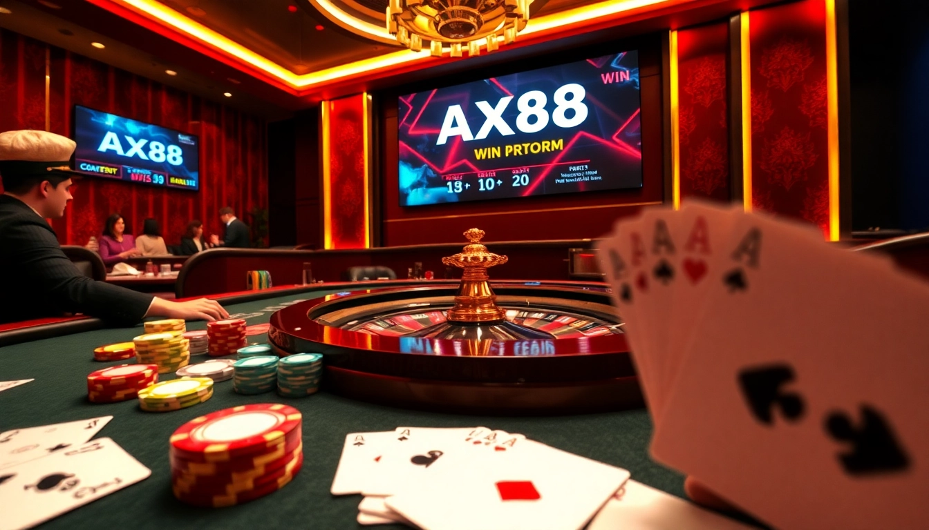 AX88 WIN casino scene illustrating high-stakes gaming with vibrant tables, chips, and engaged players.