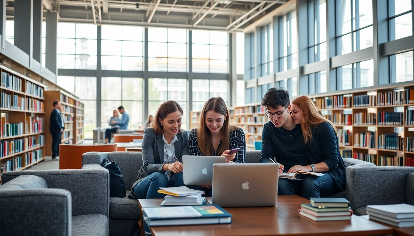 Collaborative students engaging in exam assistance services with books and laptops in a bright library.