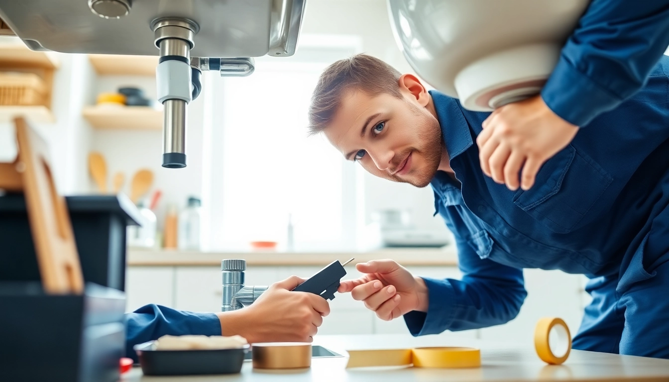 Find a skilled Plumber near me fixing a leak under the kitchen sink with professional tools.