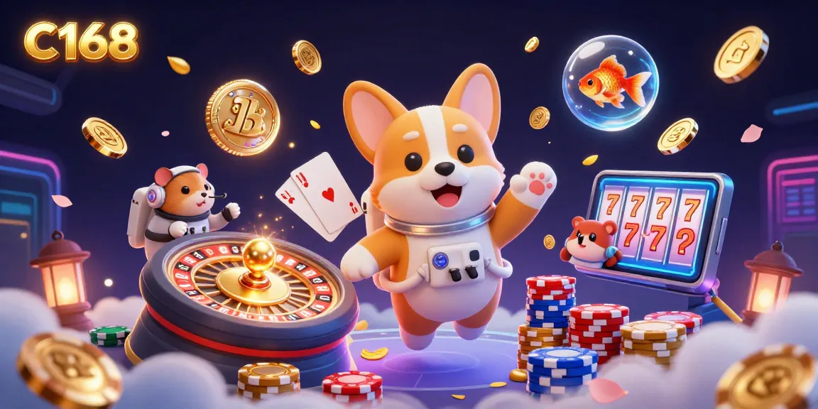 C168 showcases an exciting space casino adventure with a cartoon astronaut corgi, poker chips, and a spinning roulette wheel.