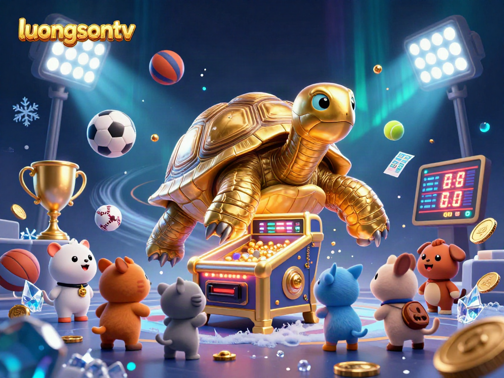 luongsontv showcases a vibrant 3D illustration featuring a colossal tortoise pinball machine amid dynamic sports elements.