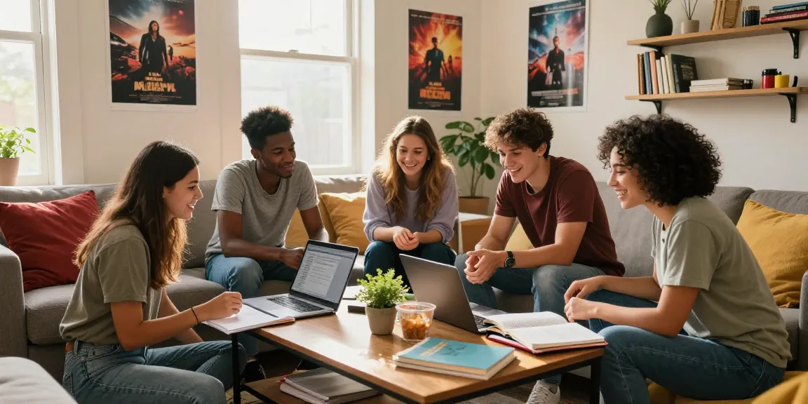 Students enjoying modern student housing in Northampton, studying together with comfortable furnishings and vibrant decor.