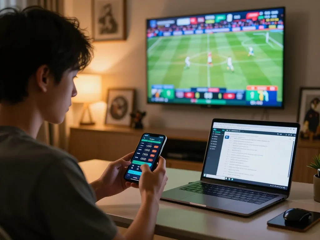 Engaged player analyzing keo nha cai odds on smartphone while betting on live sports at home.