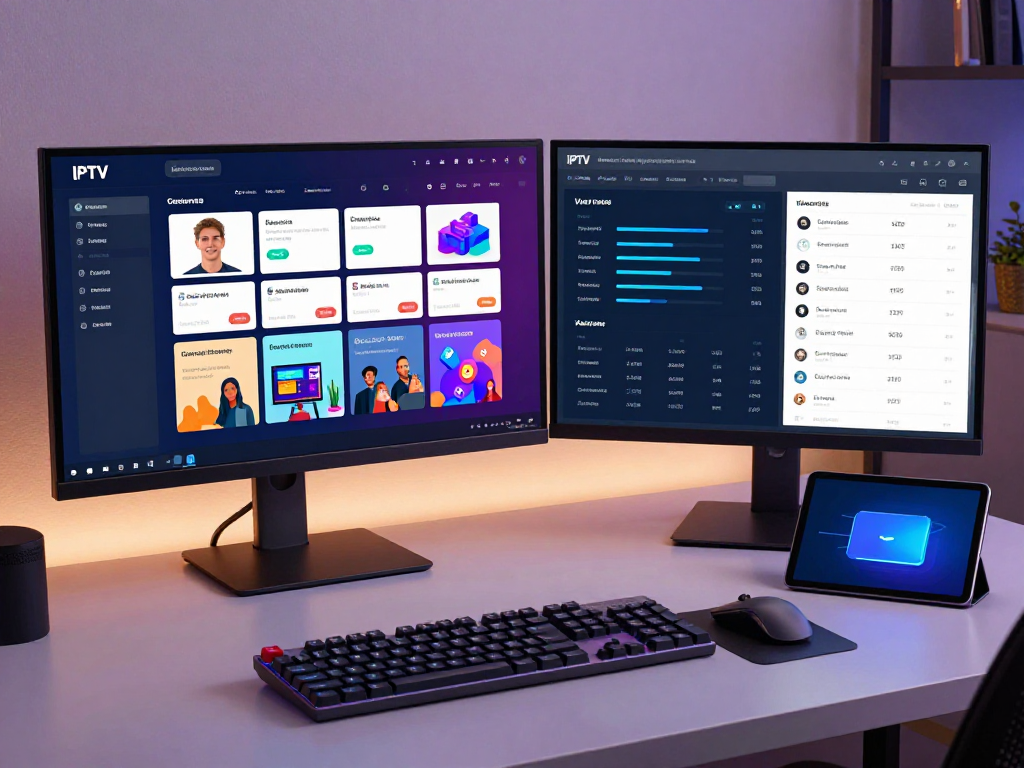 IPTV panel dashboard showing user-friendly interface for managing subscriptions and analytics in a tech workspace.