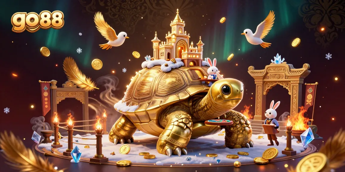 Experience the vibrant go 88 casino fun with the golden tortoise, rabbit dealer, and flying coins.