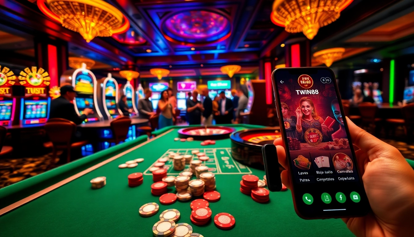 TWIN68 players enjoying an exciting round at a vibrant casino table with poker chips and cards.