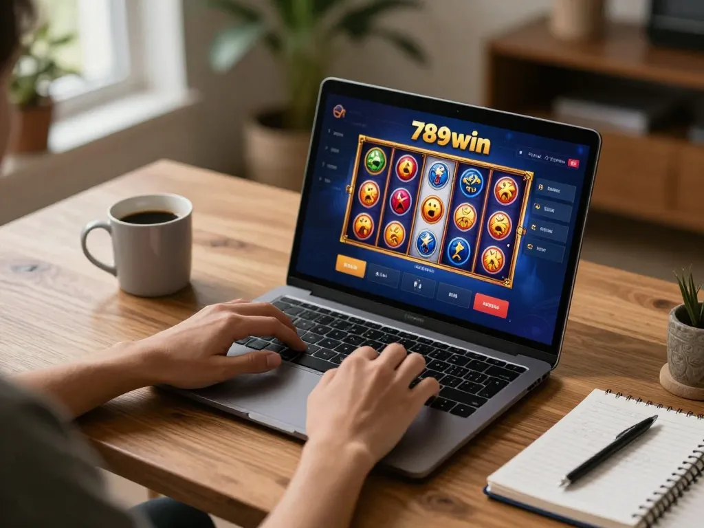 Engaging in the 789win game with vibrant slot reels on a cozy home laptop setup