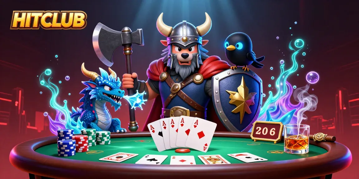 Experience thrilling gameplay at HITCLUB with a Viking wolf warrior and ice-breathing dragon at a poker table.