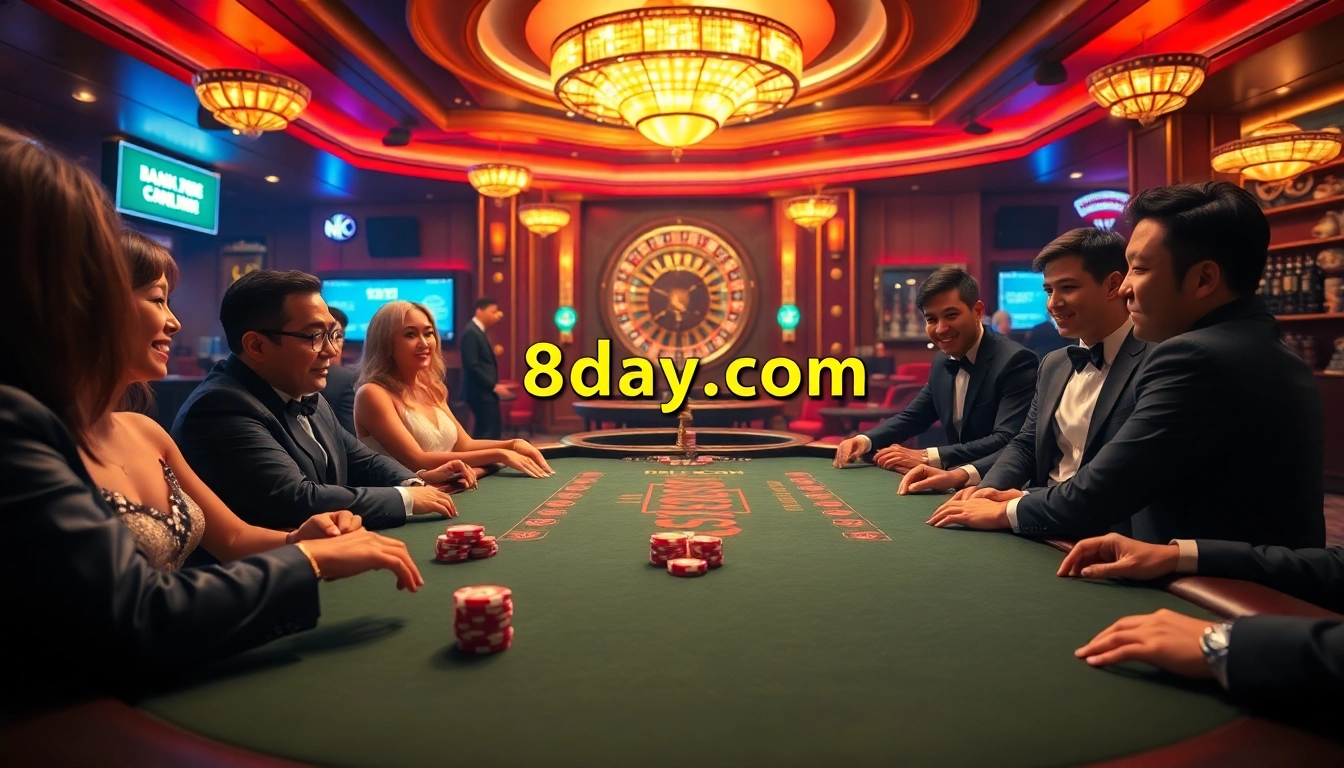 Play exciting poker at a luxurious table featuring 8day.cn.com with vibrant chips and neon lights.
