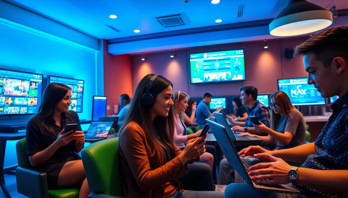 Engaged players in a vibrant gaming lounge enjoying new88go.com casino games.