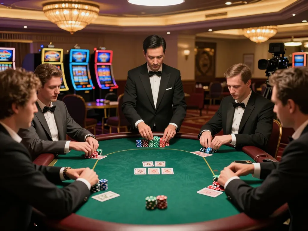 Players engaged in a strategic poker game at a luxury casino table, with sc88-themed chips and cards creating a vibrant atmosphere.