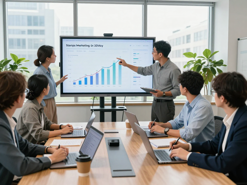 Dynamic business discussion on startup strategies, showcasing diverse professionals analyzing metrics in a modern office.