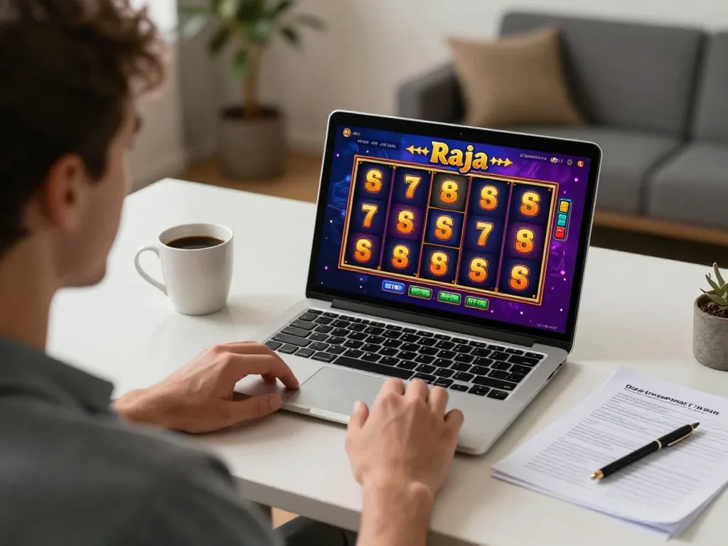 Player engaging in a raja slot game on a laptop, showcasing colorful reels and a cozy gaming setup.