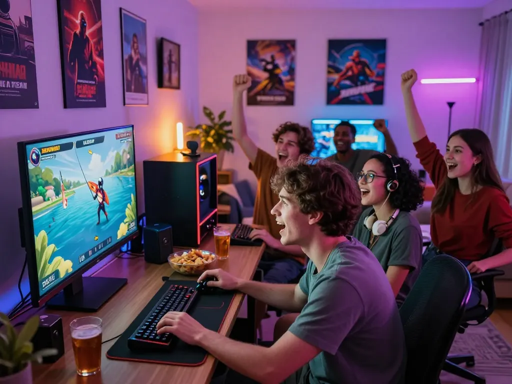 Engaging gaming gathering at home with friends excitedly playing at https://fun79.bio/ in vibrant atmosphere.