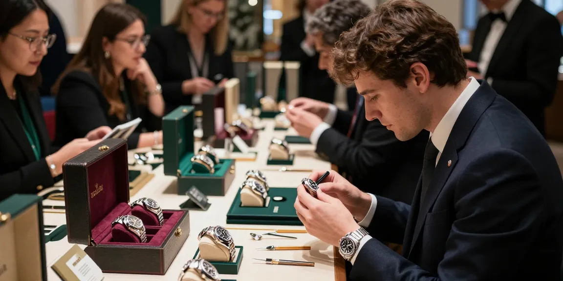 Man examining Rolex replica watches at luxury event showcasing high-quality details.