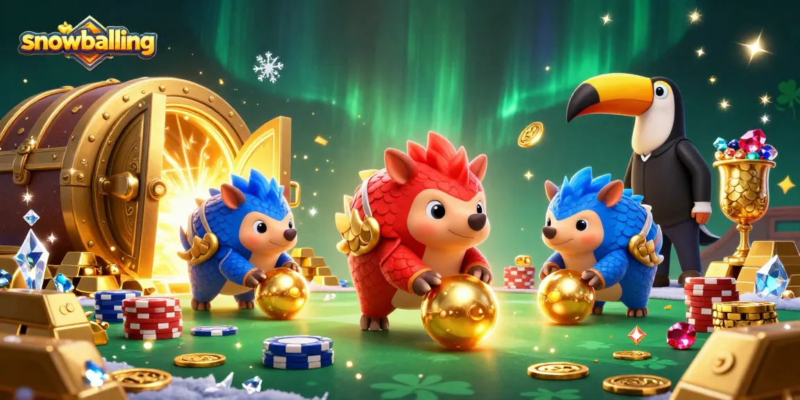 Snowballing pangolins rolling into golden balls while bowling through poker chips in a dynamic casino scene.