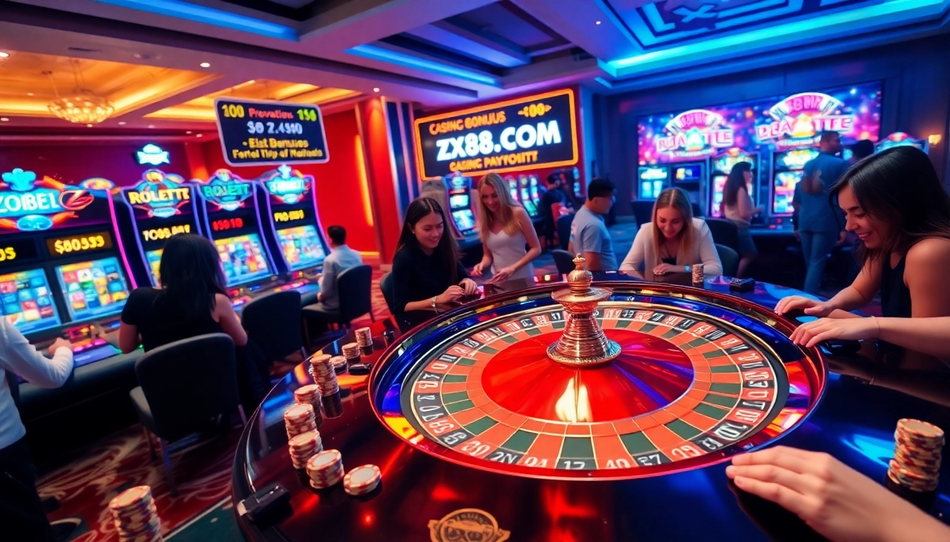 Gambling enthusiasts enjoy a thrilling experience at zx88.com casino with glamorous roulette.