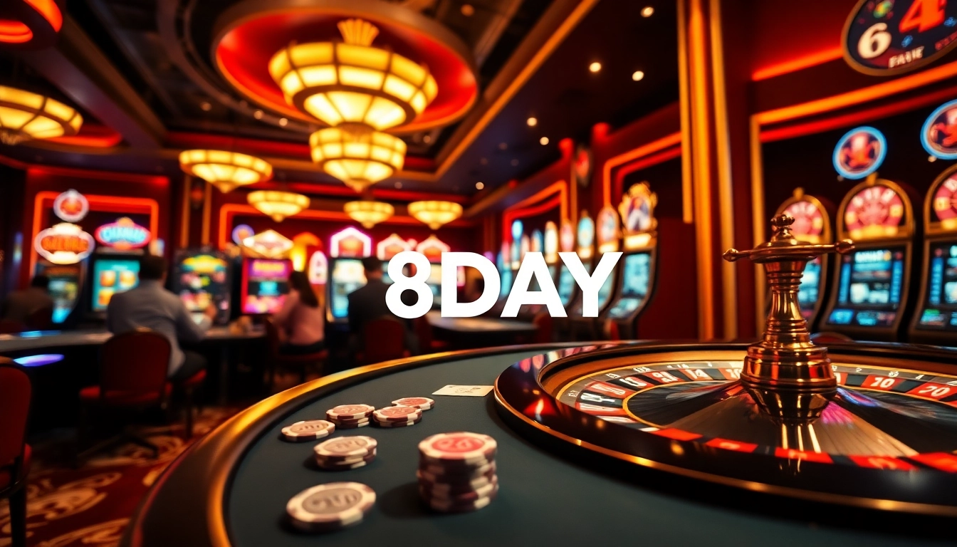 Players enjoying poker and roulette at a luxurious casino, highlighting the 8DAY gaming experience.