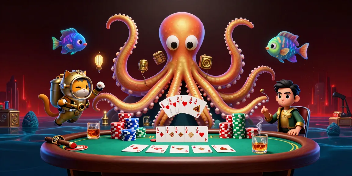 Experience the excitement at LV88's online casino with a vibrant poker scene featuring a kraken and vintage diving cat.