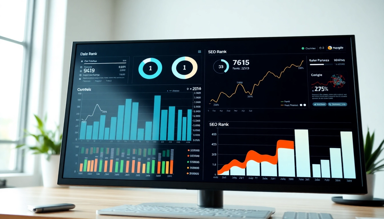 Analyze SEO Rank metrics displayed on an analytical dashboard with graphs and charts.