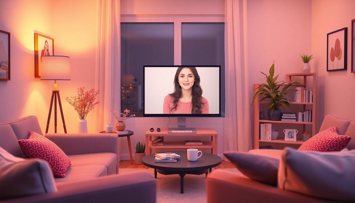 AI girlfriend interaction in a cozy virtual space, inviting atmosphere with digital elements.