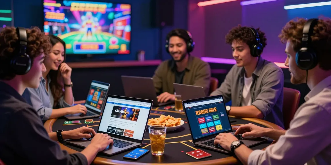 Friends enjoying an evening exploring credit card casinos on laptops and smartphones with exciting game visuals and snacks.